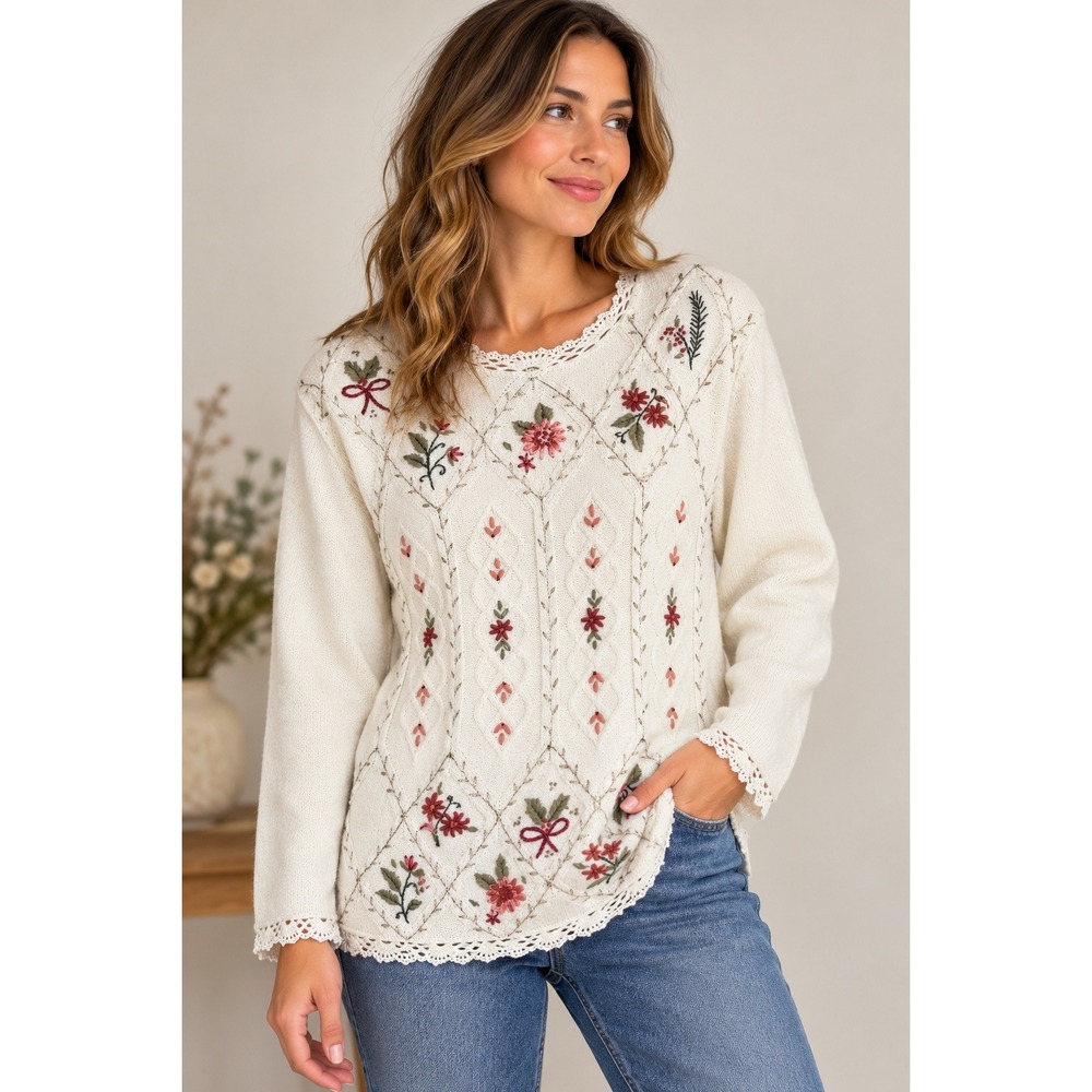Koret Petites Cream Floral Embroidered Cable Knit Sweater Scallop Trim Medium